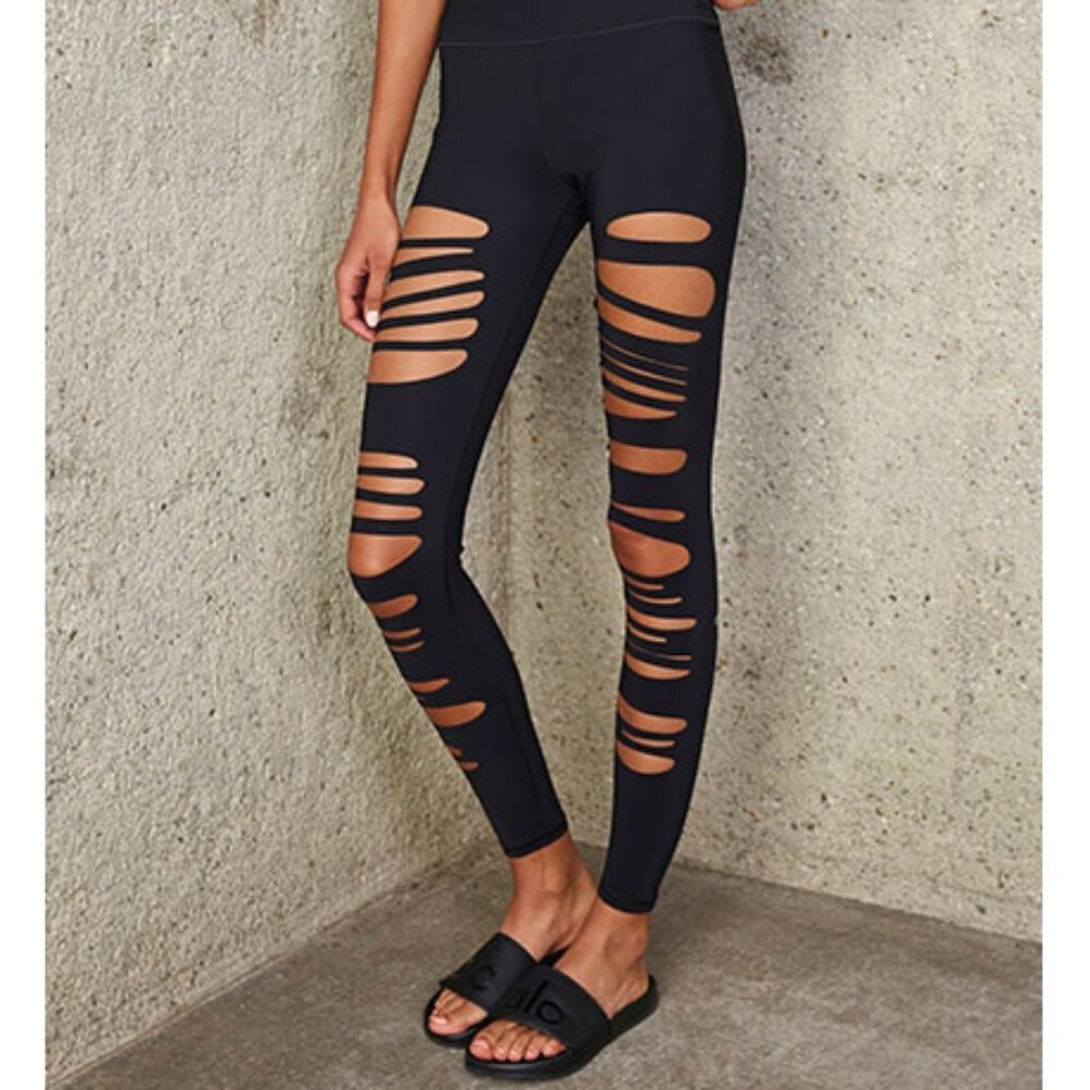 Alo High-Waist Extreme Ripped Warrior Leggings Black Edgy Hi-Rise Destroyed Pant - Picture 5 of 15